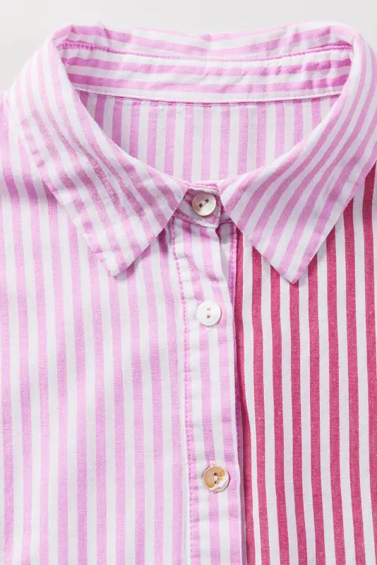 Pink stripe patchwork ruffled hem button up shirt - blouses & shirts