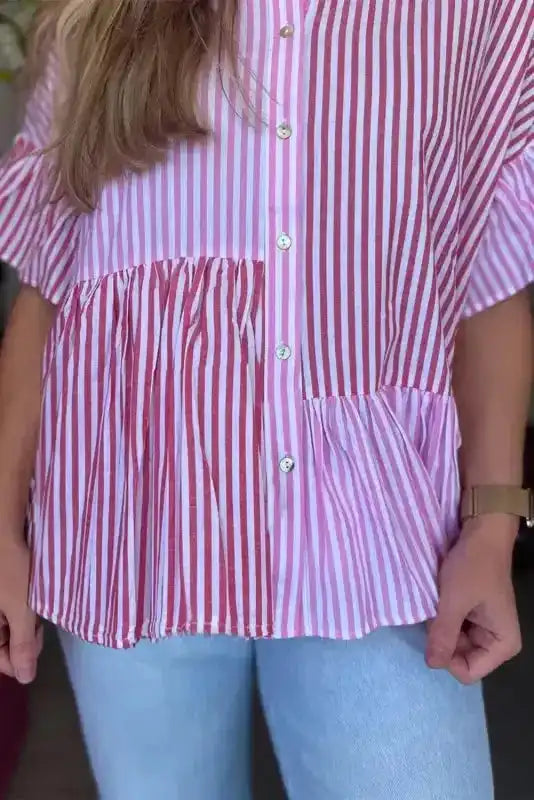 Close-up of Pink Stripe Patchwork Ruffled Hem Button-Up Shirt showing color block stripe details and gathered hem design.