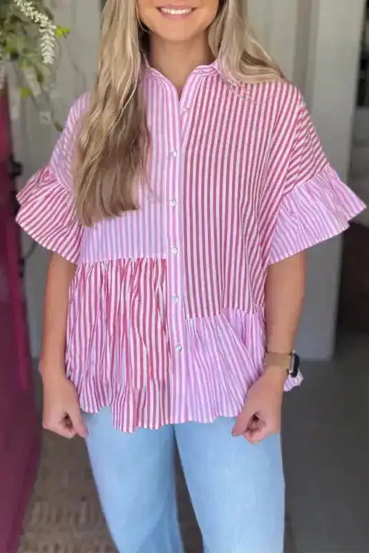 Chic Pink Stripe Ruffled Shirt with patchwork design and button-up front, styled for a casual summer look with light blue jeans.