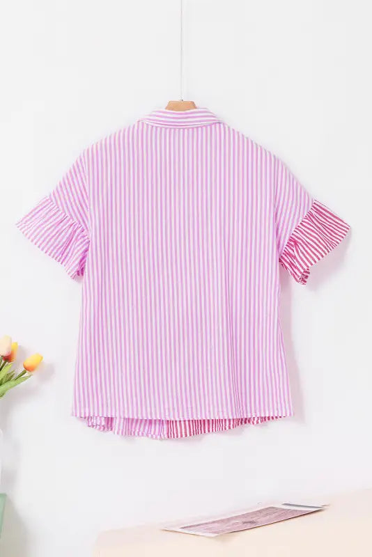 Pink stripe patchwork ruffled hem button up shirt - blouses & shirts