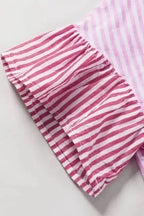 Ruffled sleeve close-up of Pink Stripe Patchwork Shirt with alternating stripe patterns and elastic gathering for volume.