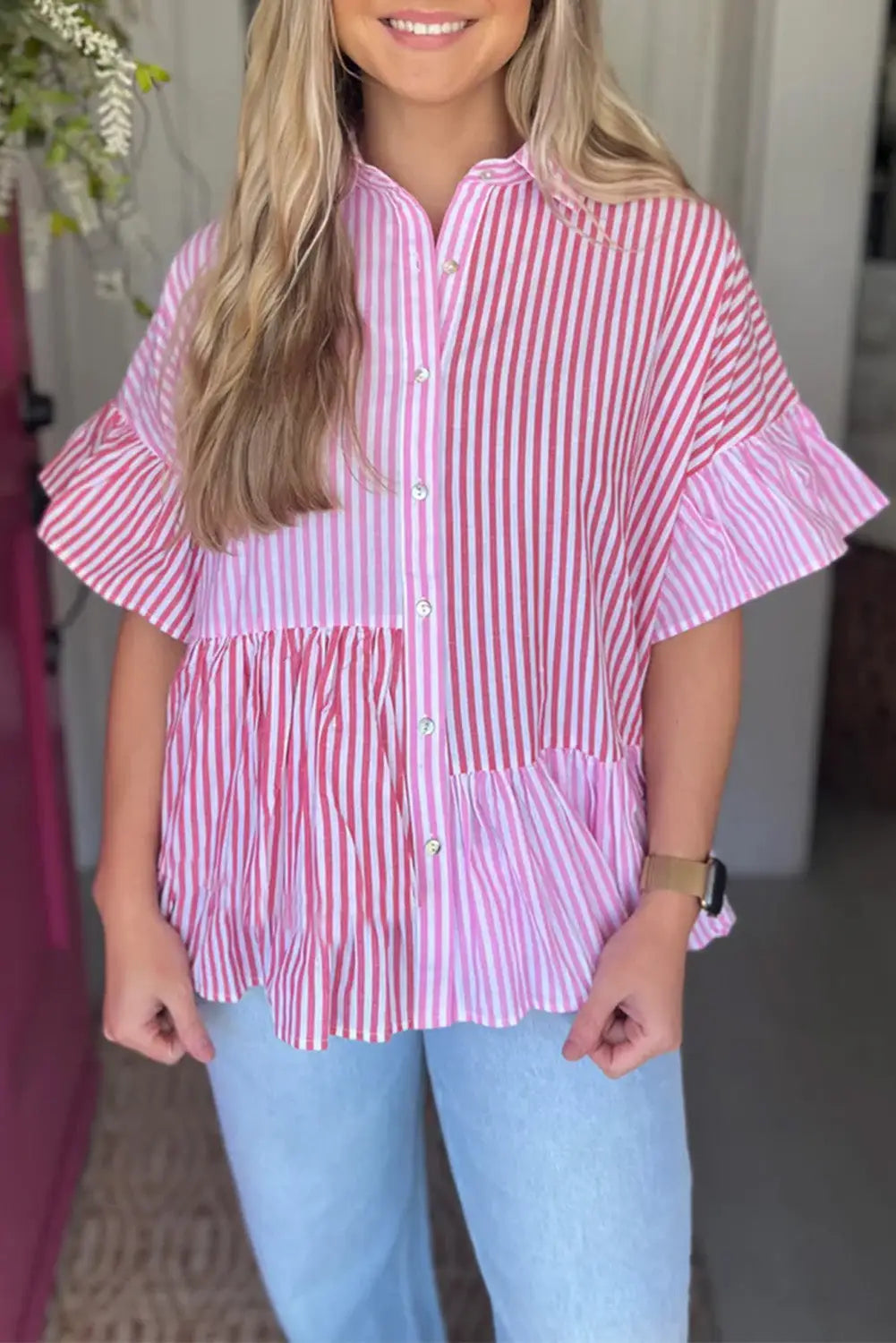 Pink stripe patchwork ruffled hem button up shirt - s / 100% cotton - blouses & shirts