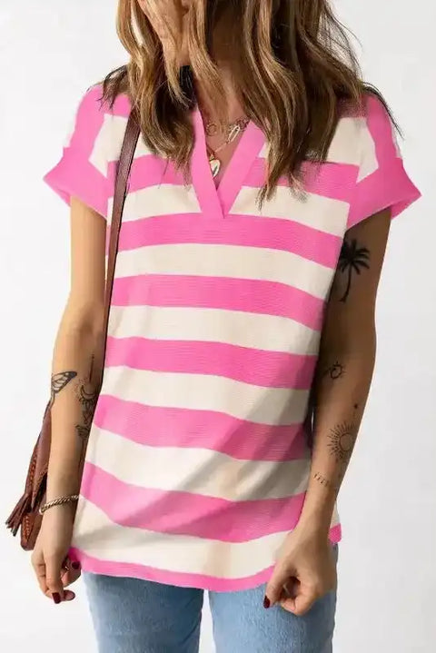 Pink striped polo V-neck cap sleeve T-shirt front view — Fashionfitz UK
