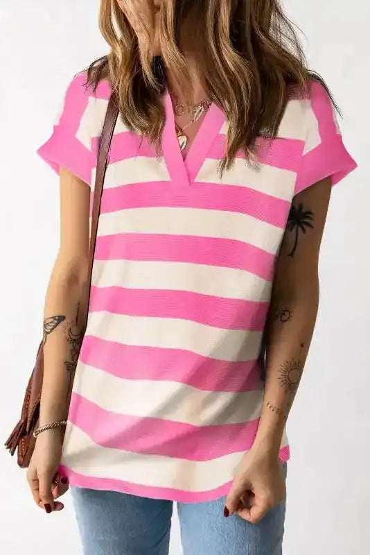 Pink Striped Polo V-Neck Cap Sleeve T-Shirt Women UK — front view showing pink stripe, polo collar and cap sleeves — Fashionfitz