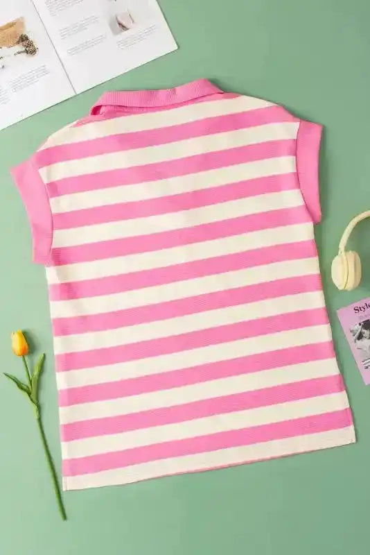 Side view of Pink Striped Polo V-Neck Cap Sleeve T-Shirt showing polo V-neckline and fitted silhouette — Fashionfitz