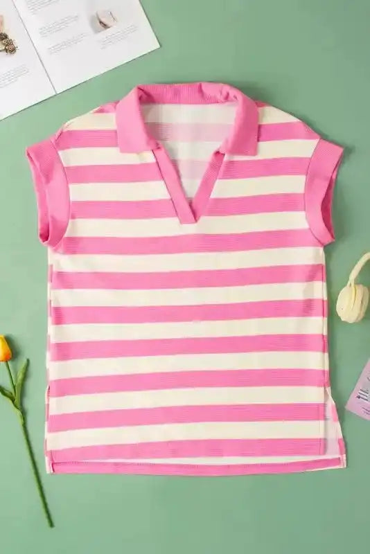 Back view of Pink Striped Polo V-Neck Cap Sleeve T-Shirt showing cap sleeve silhouette and stripe construction — Fashionfitz