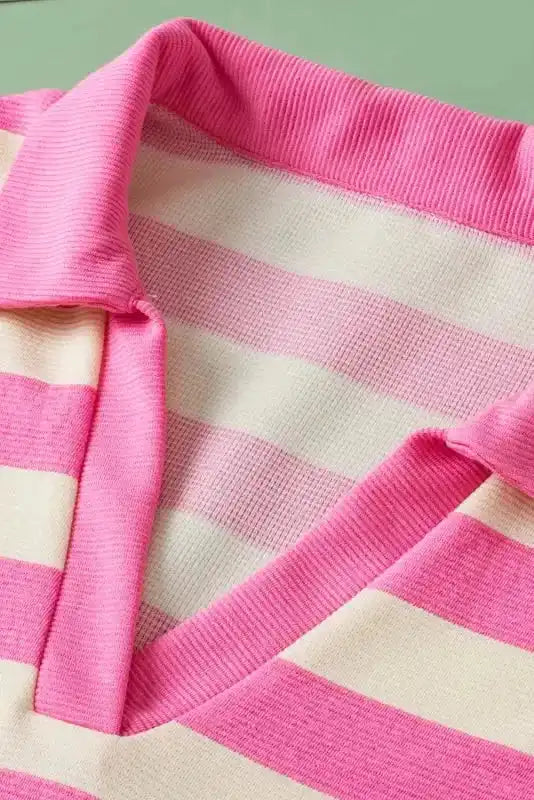 Close-up of Pink Striped Polo V-Neck Cap Sleeve T-Shirt showing polo collar and pink stripe detail — Fashionfitz