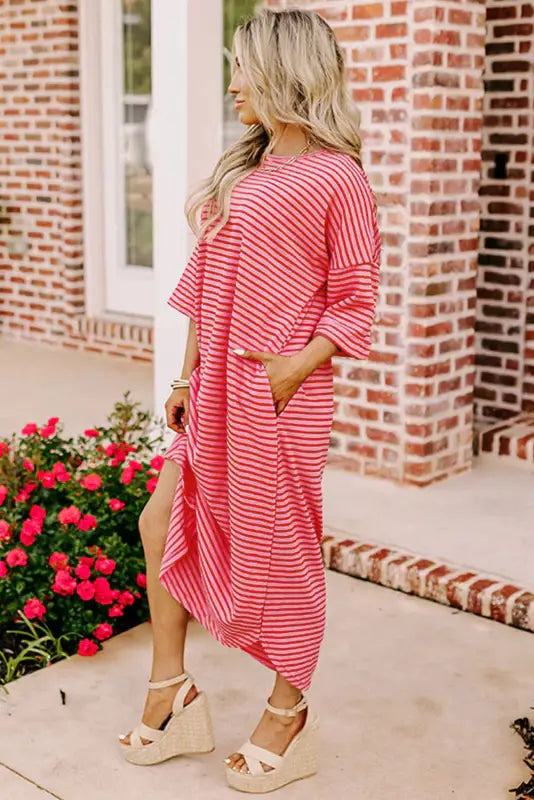 Pink striped 3/4 sleeve t-shirt dress