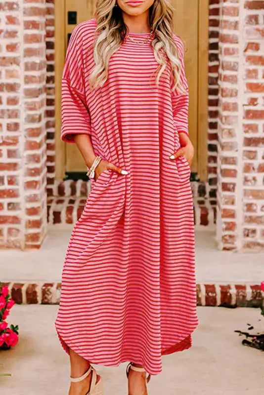 Pink striped 3/4 sleeve t-shirt dress