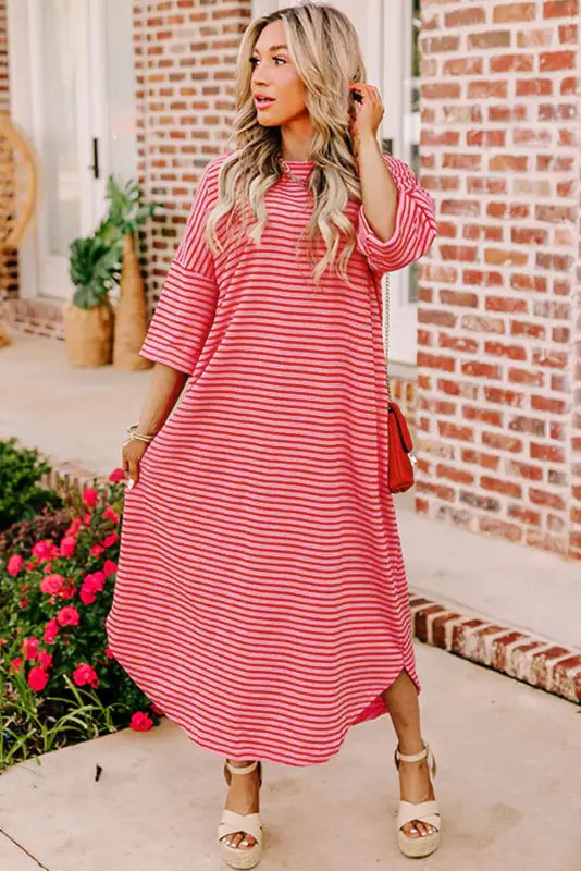 Pink striped 3/4 sleeve t-shirt dress