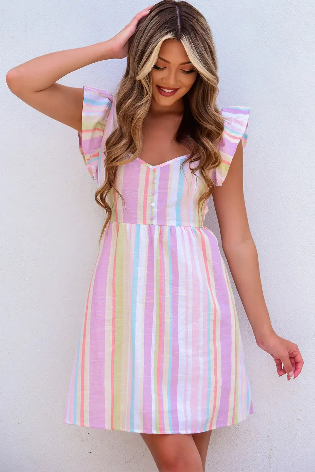 Pink striped button sweetheart flutter sleeve dress - mini dresses