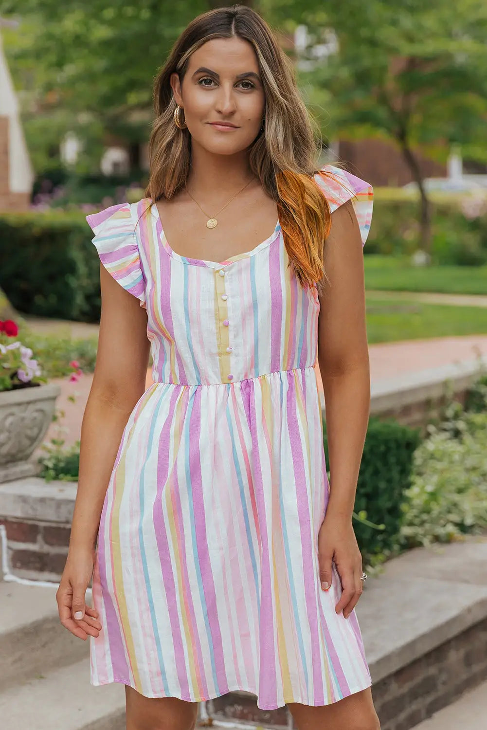 Pink striped button sweetheart flutter sleeve dress - s / 100% cotton - mini dresses
