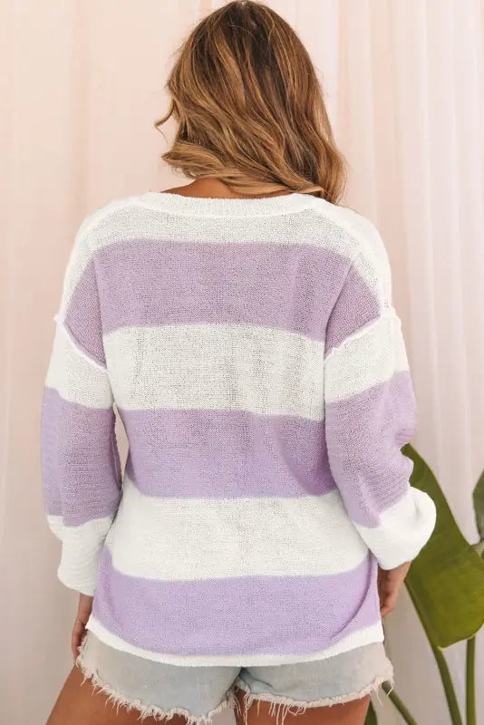 Pink striped knit button ribbed split neck sweater - sweaters & cardigans