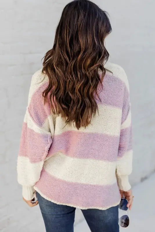 Pink striped knit button ribbed split neck sweater - sweaters & cardigans