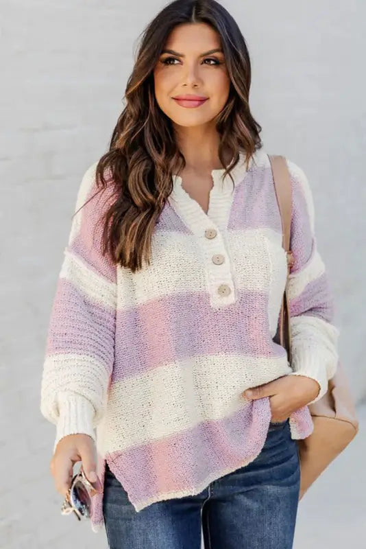 Pink striped knit button ribbed split neck sweater - sweaters & cardigans