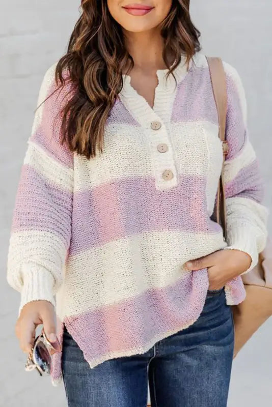 Pink striped knit button ribbed split neck sweater - sweaters & cardigans