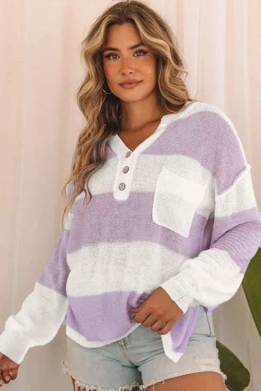 Pink striped knit button ribbed split neck sweater - sweaters & cardigans