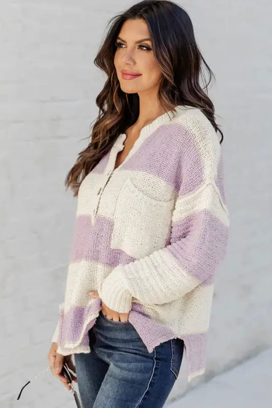 Pink striped knit button ribbed split neck sweater - sweaters & cardigans