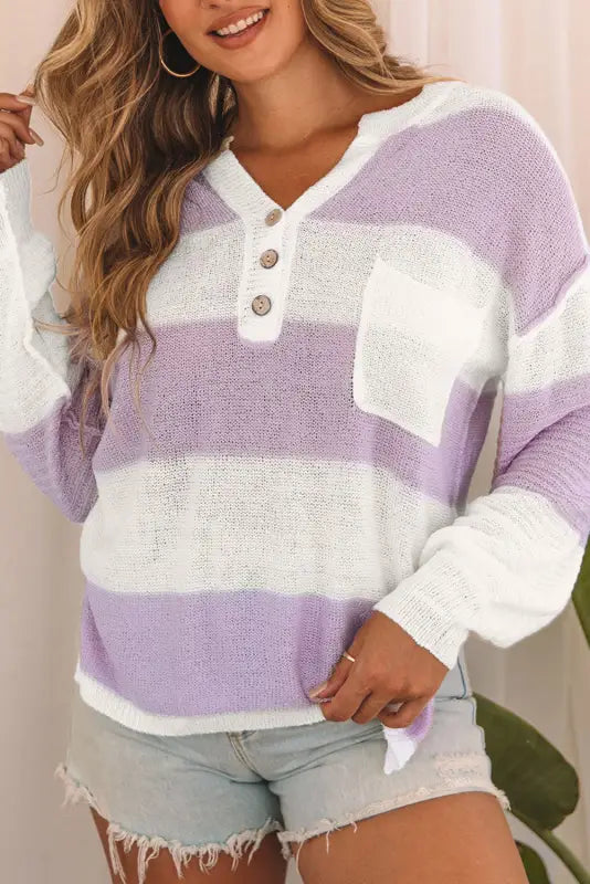 Pink striped knit button ribbed split neck sweater - sweaters & cardigans