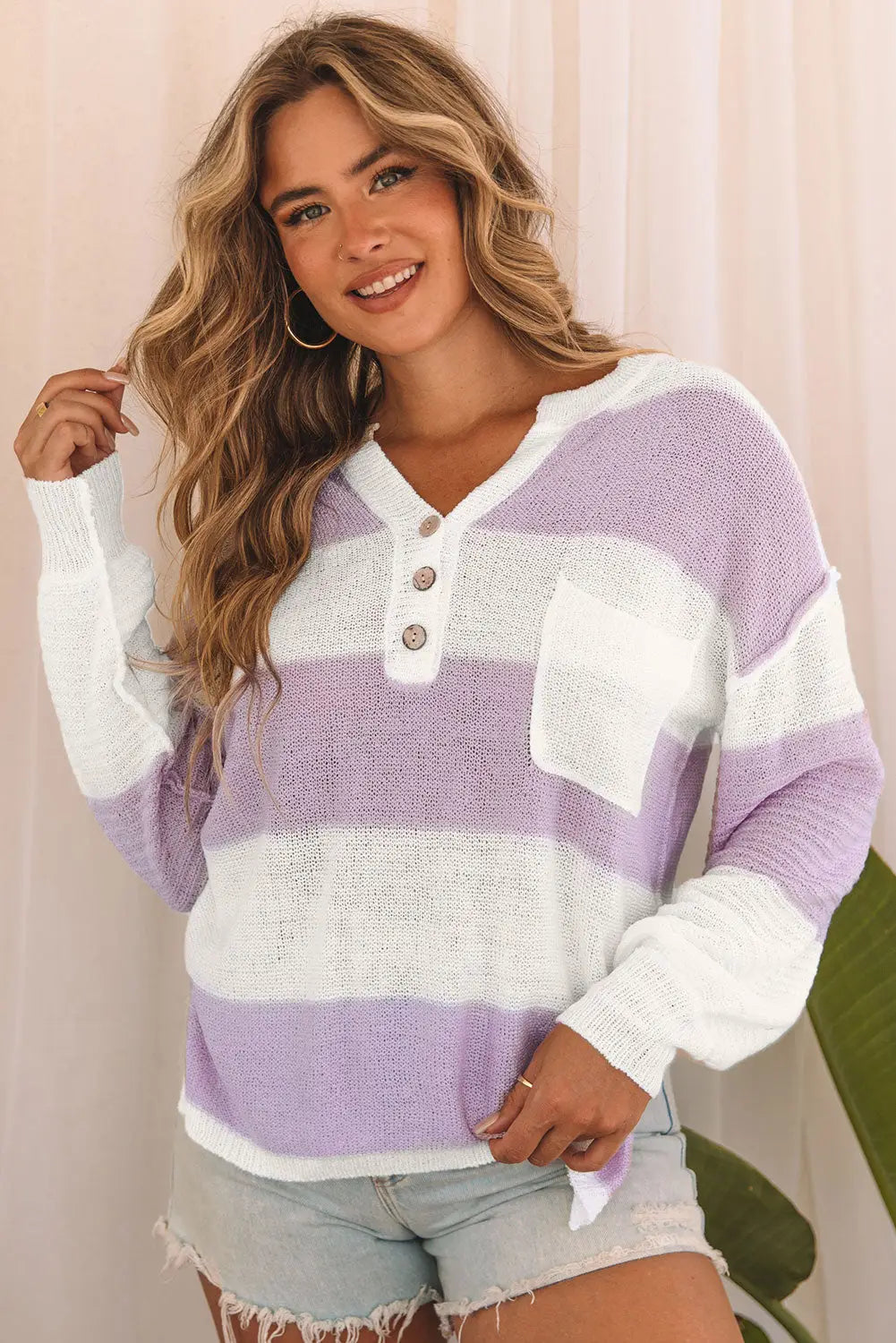 Pink striped knit button ribbed split neck sweater - s / 100% acrylic - sweaters & cardigans