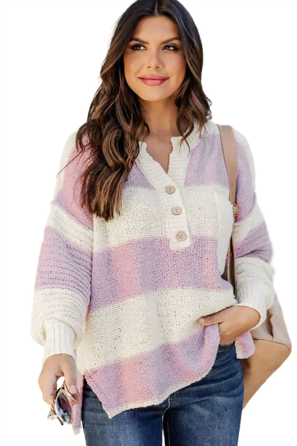 Pink striped knit button ribbed split neck sweater - sweaters & cardigans