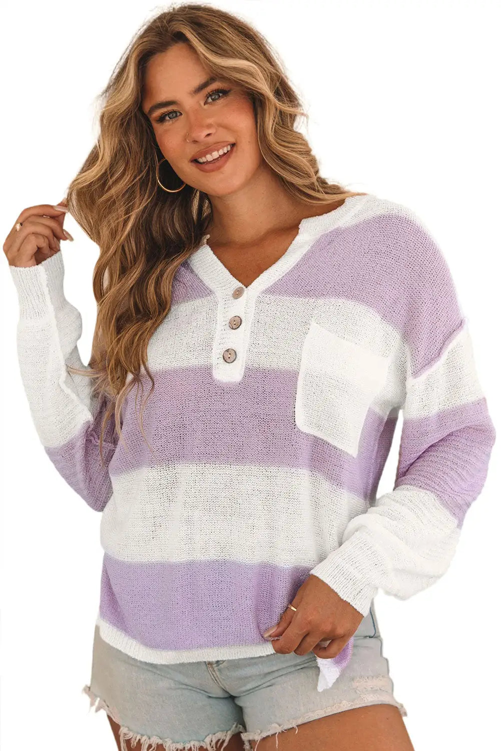 Pink striped knit button ribbed split neck sweater - sweaters & cardigans