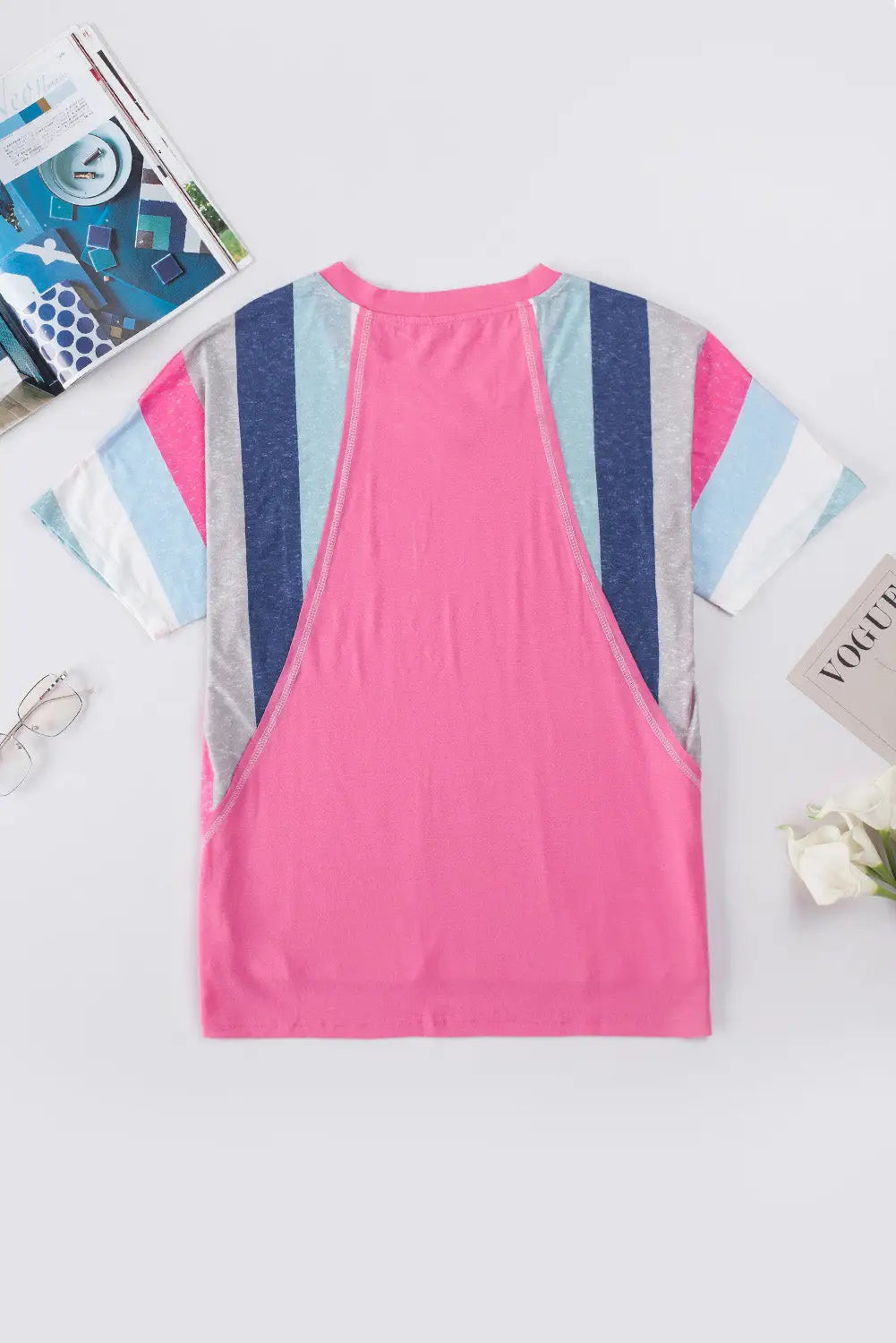 Pink striped patchwork short sleeve v neck plus size t-shirt