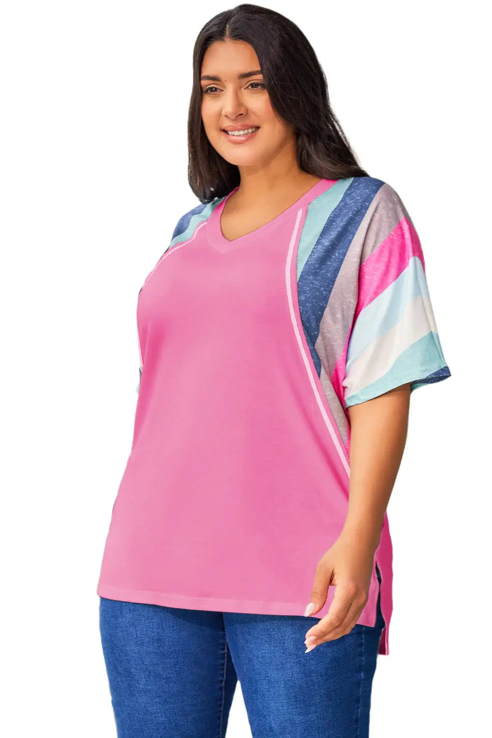 Pink striped patchwork short sleeve v neck plus size t-shirt