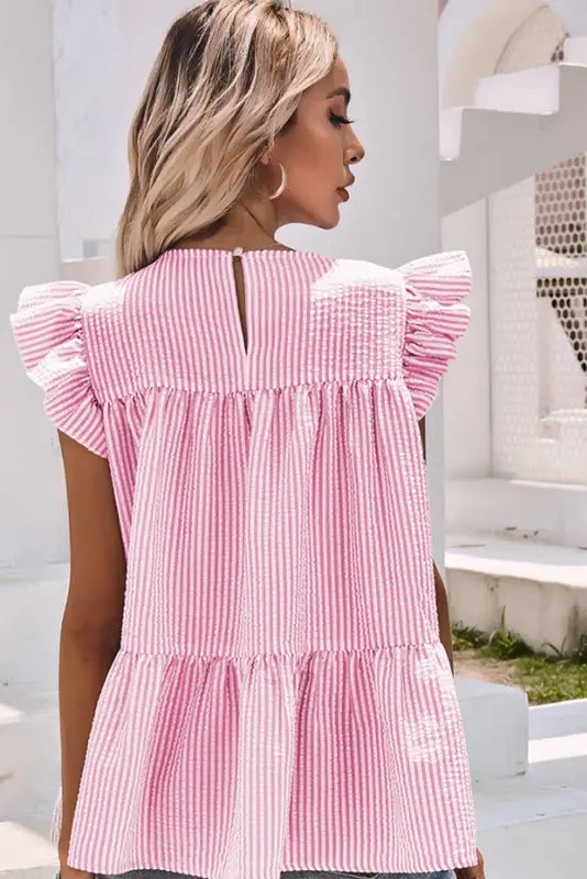 Pink striped print flutter sleeve gathered top - t-shirts