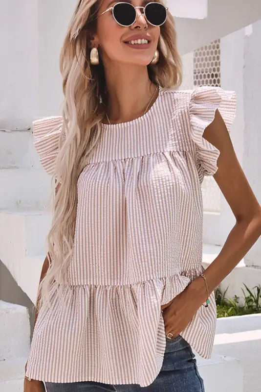 Pink striped print flutter sleeve gathered top - t-shirts