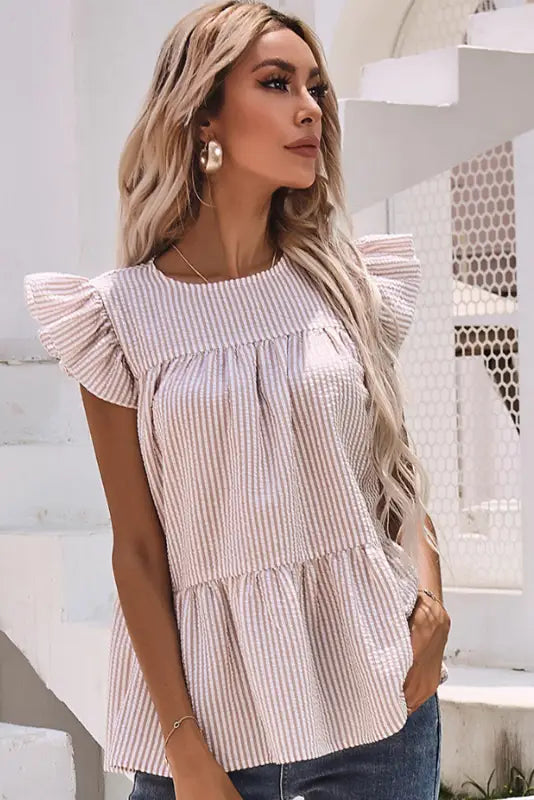 Pink striped print flutter sleeve gathered top - t-shirts