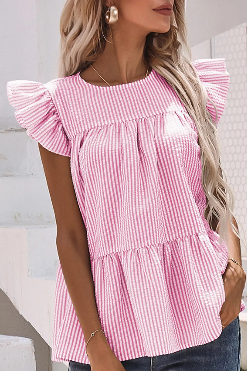 Pink striped print flutter sleeve gathered top - t-shirts