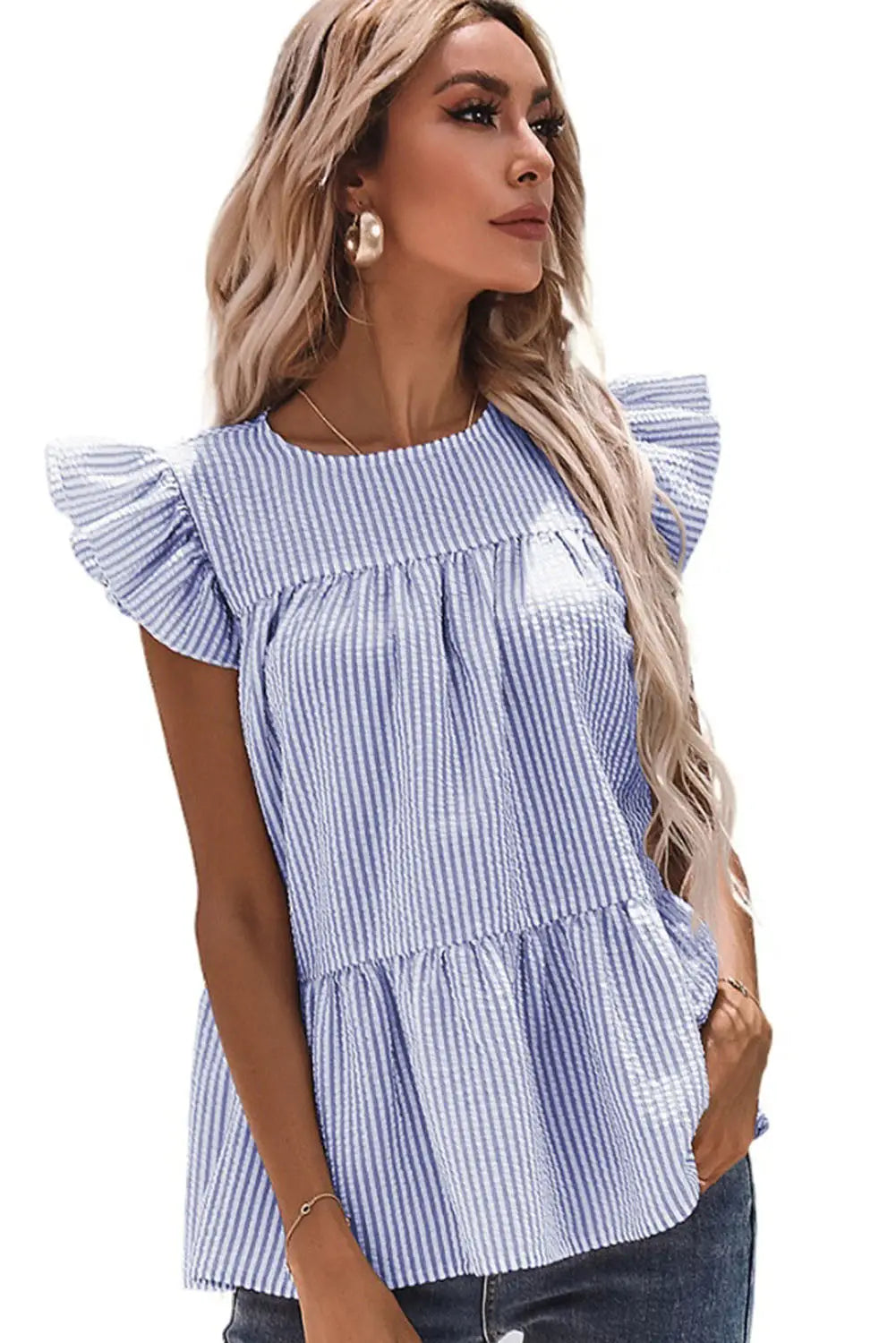 Pink striped print flutter sleeve gathered top - t-shirts