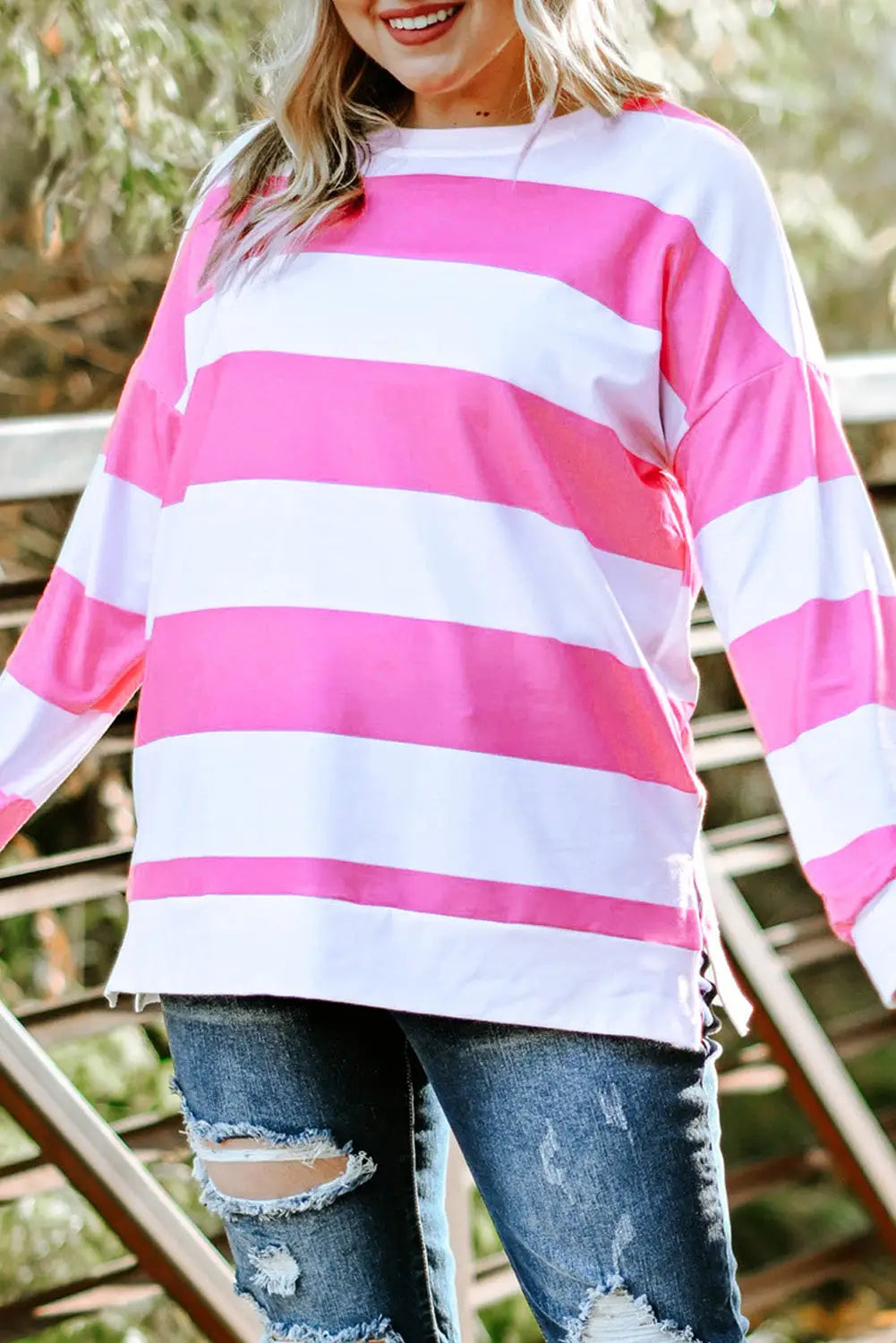 Pink striped side slit plus size sweatshirt - 1x /