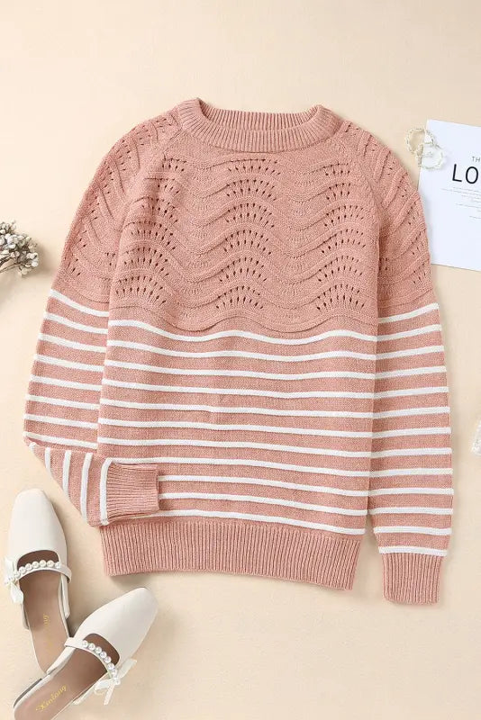 Pink striped textured long sleeve knit sweater - sweaters & cardigans