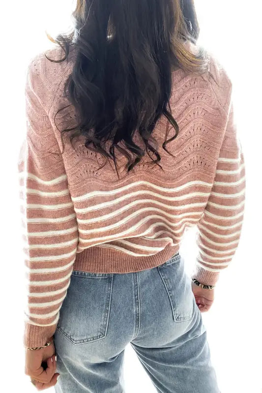 Pink striped textured long sleeve knit sweater - sweaters & cardigans