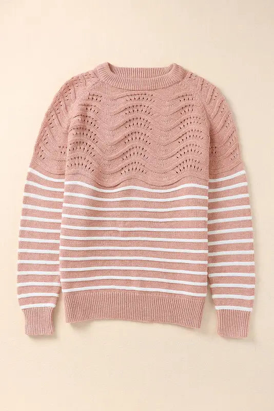 Pink striped textured long sleeve knit sweater - sweaters & cardigans