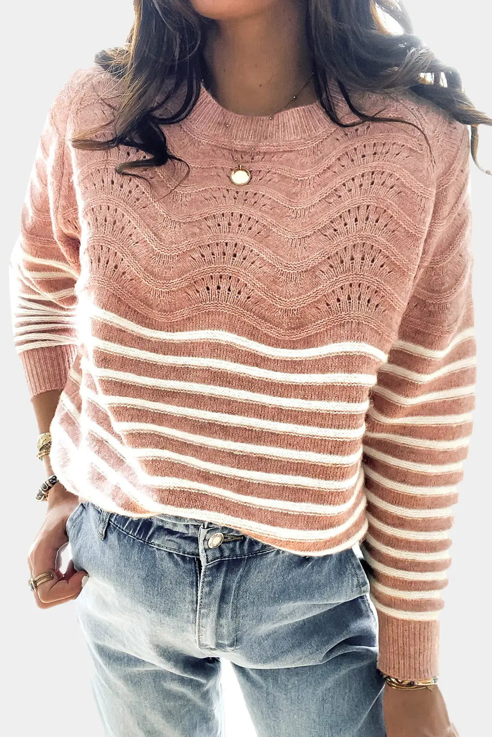 Pink striped textured long sleeve knit sweater - s / 97% polyester + 3% polyamide - sweaters & cardigans