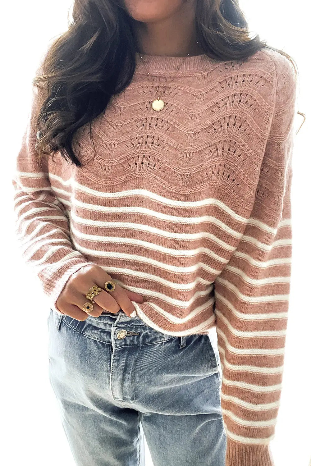 Pink striped textured long sleeve knit sweater - sweaters & cardigans