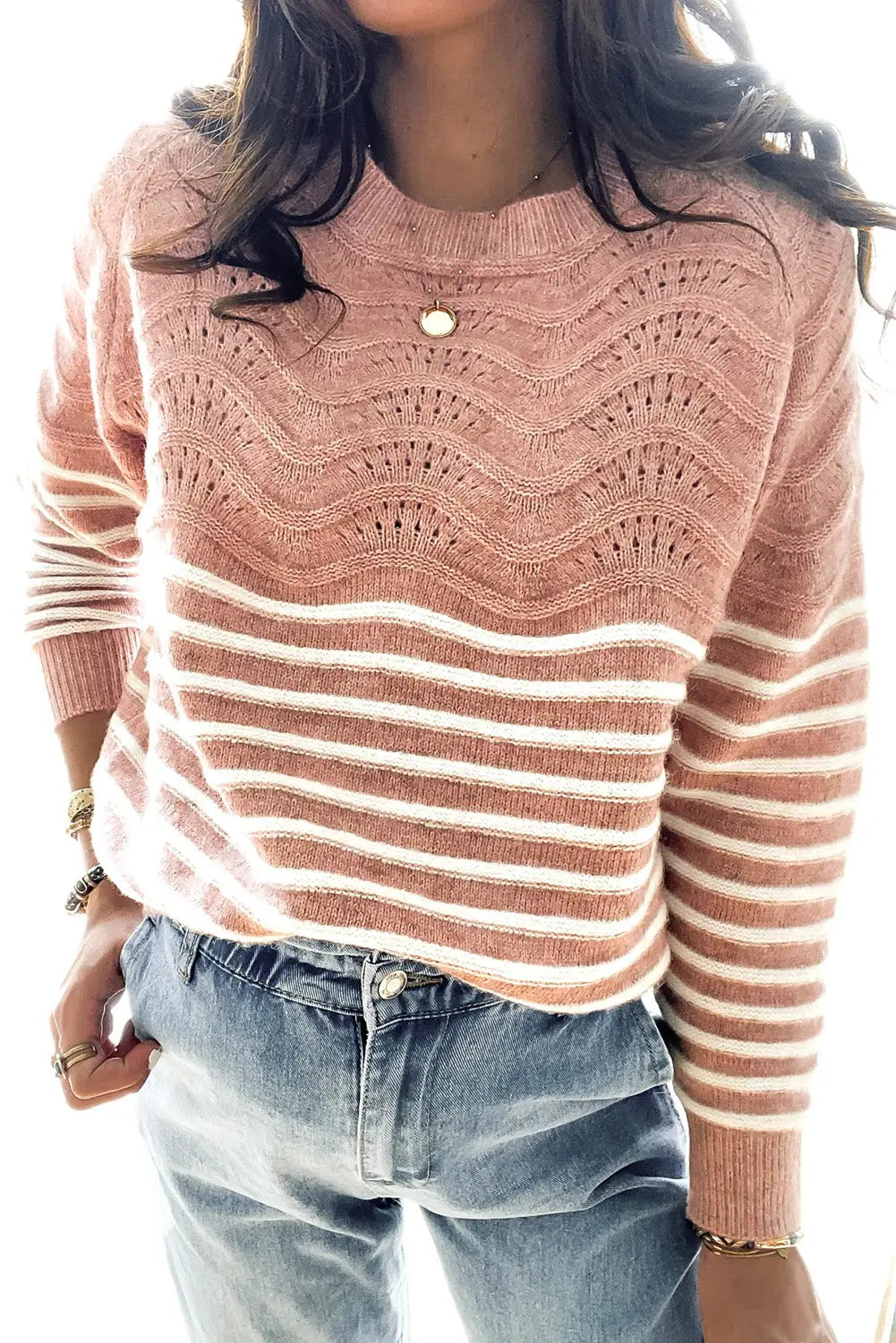Pink striped textured long sleeve knit sweater - sweaters & cardigans