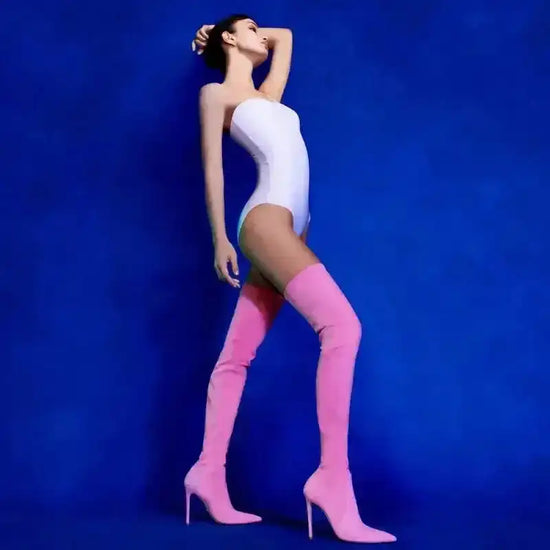 Pink Suede Elastic Over The Knee Boots High Heels - Fashionfitz