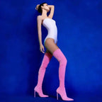 Pink Suede Elastic Over The Knee Boots High Heels - Fashionfitz