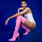 Pink Suede Elastic Over The Knee Boots High Heels - Fashionfitz