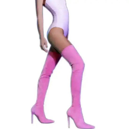 Pink Suede Elastic Over The Knee Boots High Heels - Fashionfitz