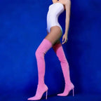 Pink Suede Elastic Over The Knee Boots High Heels - Fashionfitz