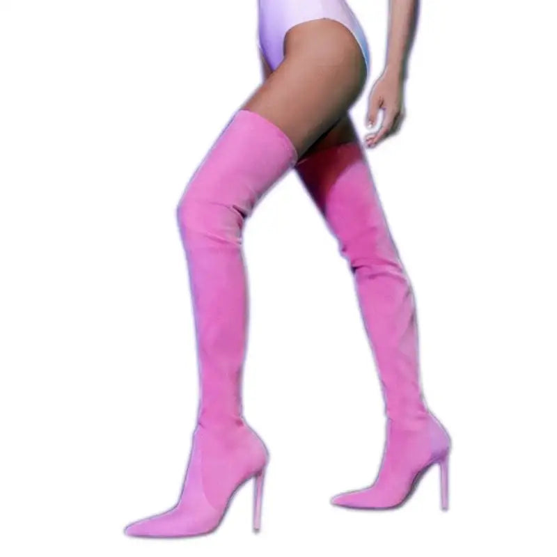 Pink suede elastic over the knee boots high heels