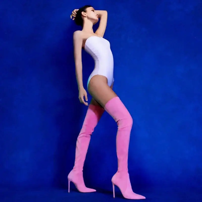 Pink suede elastic over the knee boots high heels