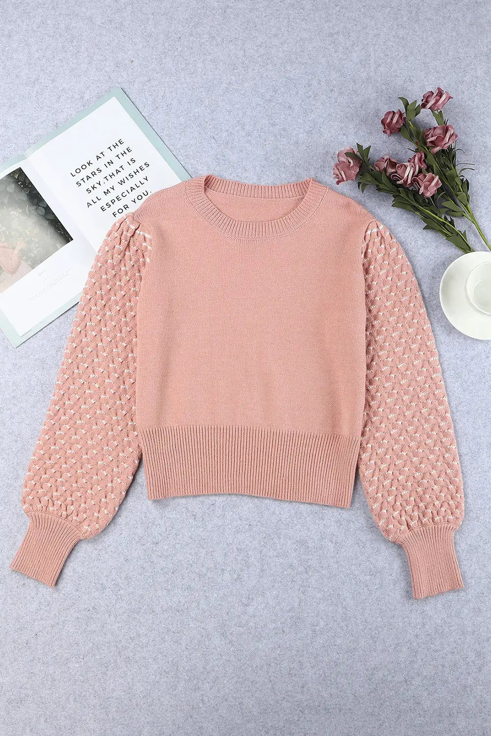 Pink textured bubble sleeve knit sweater - 2xl / 50% viscose + 28% polyester + 22% polyamide - sweaters & cardigans