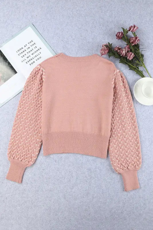 Pink textured bubble sleeve knit sweater - 2xl / 50% viscose + 28% polyester + 22% polyamide - sweaters & cardigans