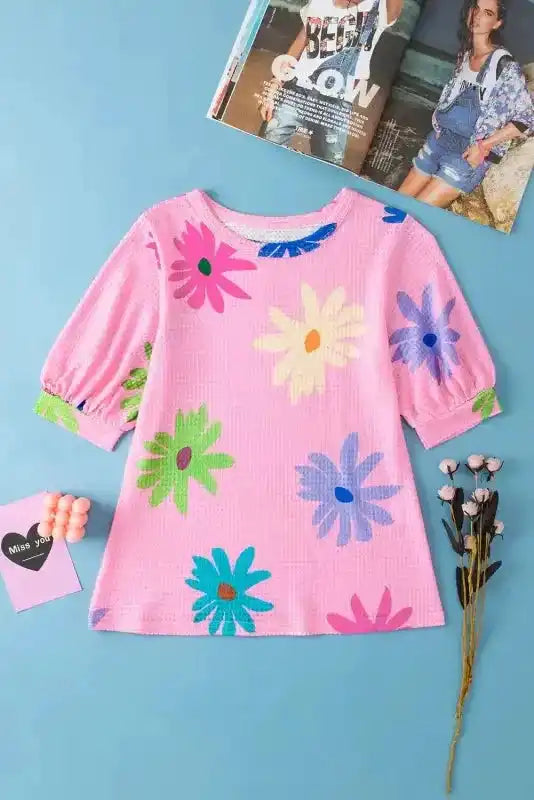 Pink Textured Floral T-Shirt - Fashionfitz